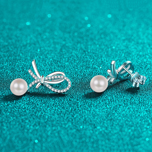 Elegant Moissanite Bow Pearl Stud Earrings